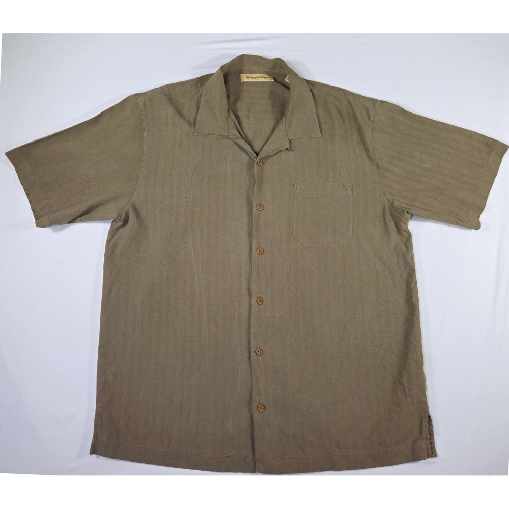 Tommy Bahama Mens Silk Short Sleeve Camp Shirt Olive Green Textured Large